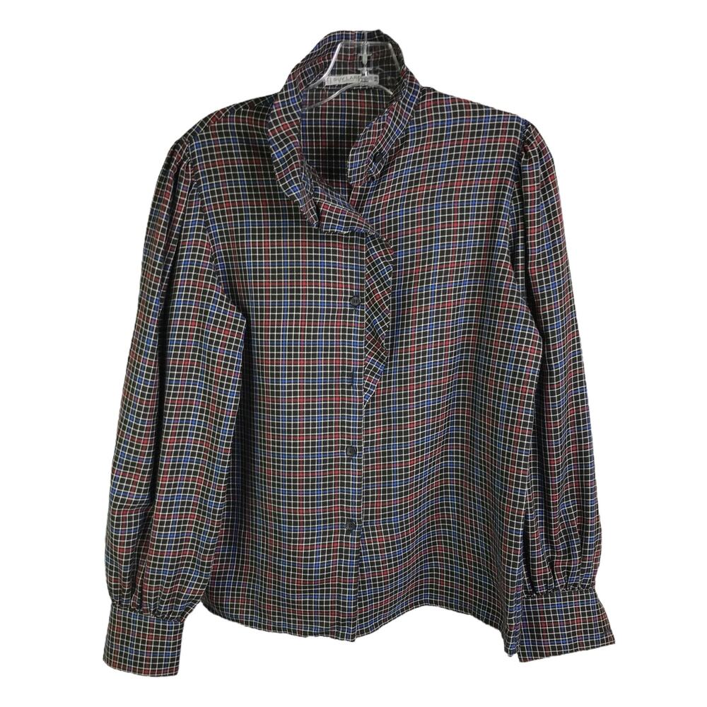 Guy Laroche Shirt Womens 38 Black‎ Red Plaid Wool Button Front Classic